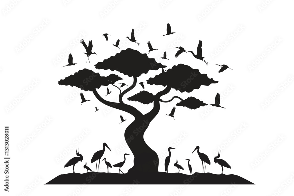 Silhouette of storks perched on a dense tree. Illustration of a flock of wildlife in beautiful nature. Illustration of a flock of storks living in groups on a tree and looking for food Silhouette of storks perched on a dense tree. Illustration of a flock of wildlife in beautiful nature. Illustration of a flock of storks living in groups on a tree and looking for food