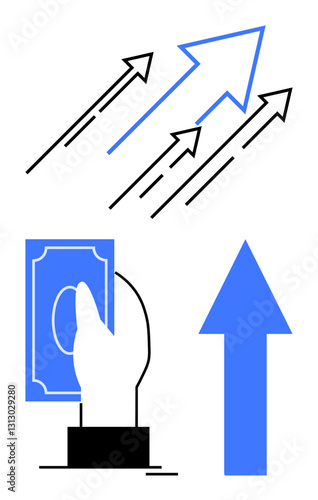 Blue arrows pointing upward signify growth and success. A hand holding money represents investment and profit. Ideal for finance, business, investment, growth, economy, analytics progress. Simple
