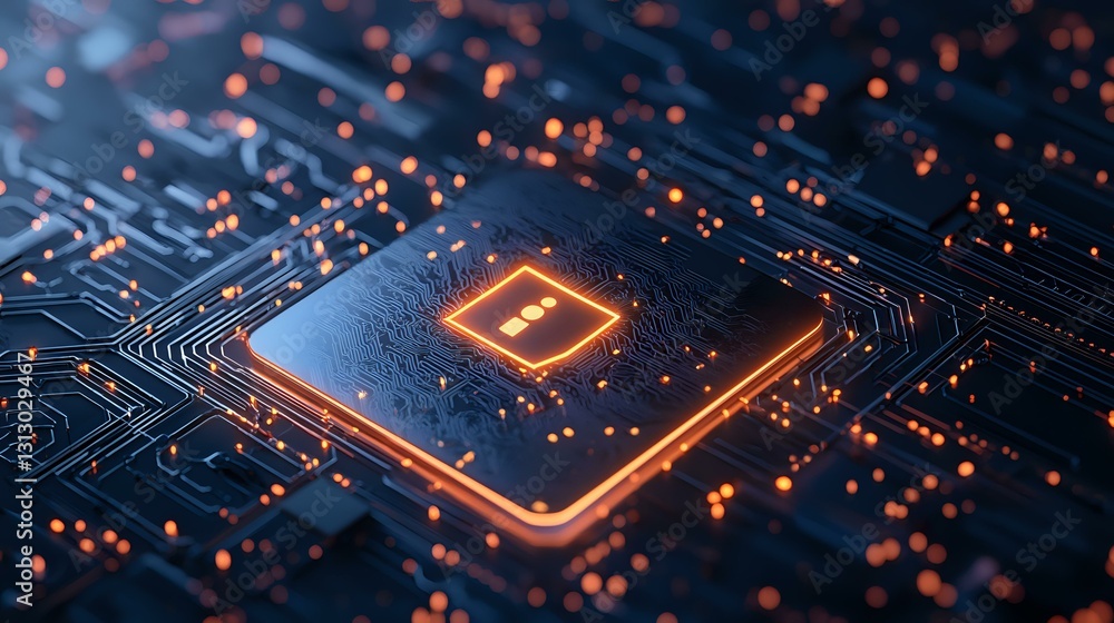Glowing microprocessor on circuit board with orange light effects and digital pathways. Modern computer chip technology with illuminated connections. Glowing microprocessor on circuit board with orange light effects and digital pathways. Modern computer chip technology with illuminated connections.