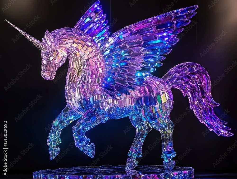 Fototapeta premium Luminous winged crystal horse, a fantastical, geometric marvel bathed in vibrant blues and purples. A striking art piece.