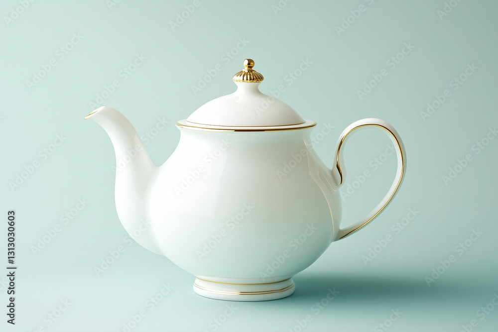 Elegant white porcelain teapot with gold trim isolated on a solid color background Elegant white porcelain teapot with gold trim isolated on a solid color background