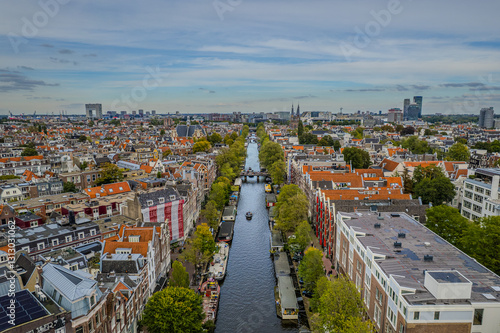 Photography Aerial view of Amsterdam, Netherlands showcases its iconic canal houses, Dutch a