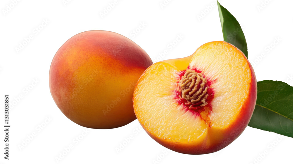 Ripe peach fruit showing its seed and leaves on a transparent background Ripe peach fruit showing its seed and leaves on a transparent background