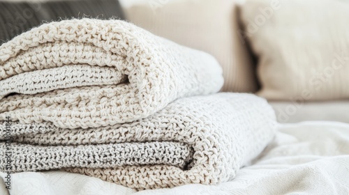 Soft Neutral Knitted Blanket Folded on Cozy Sofa in Warm Natural Light