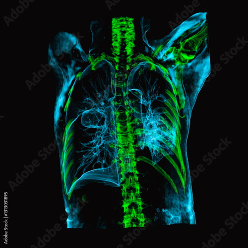 A CT chest 3D scan displaying a lesion at the right lobe