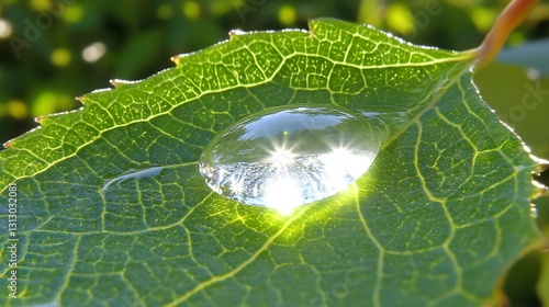 Stunning Dewdrop on Leaf with Sunstar Reflection Macro Photography photo