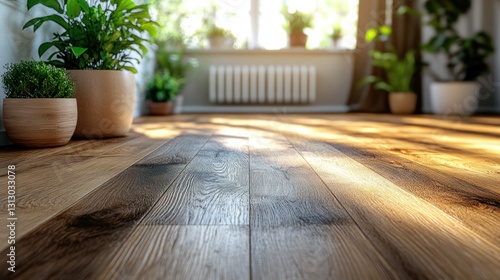 Sunlit hardwood floor in plant-filled room