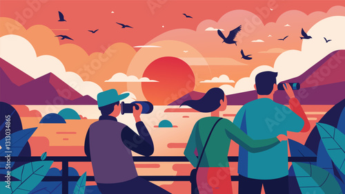 As the sun begins to set the retirees gather on a scenic overlook binoculars at the ready to catch a glimpse of the breathtaking sight of thousands of migrating birds taking. Vector illustration