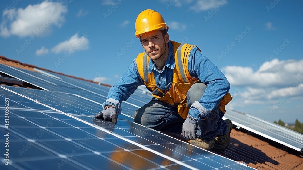 Construction worker installs solar panels on a house roof Construction worker installs solar panels on a house roof