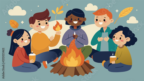 Smiling faces gather around a central bonfire roasting marshmallows and sharing stories as part of a traditional feast at a harvest festival.. Vector illustration