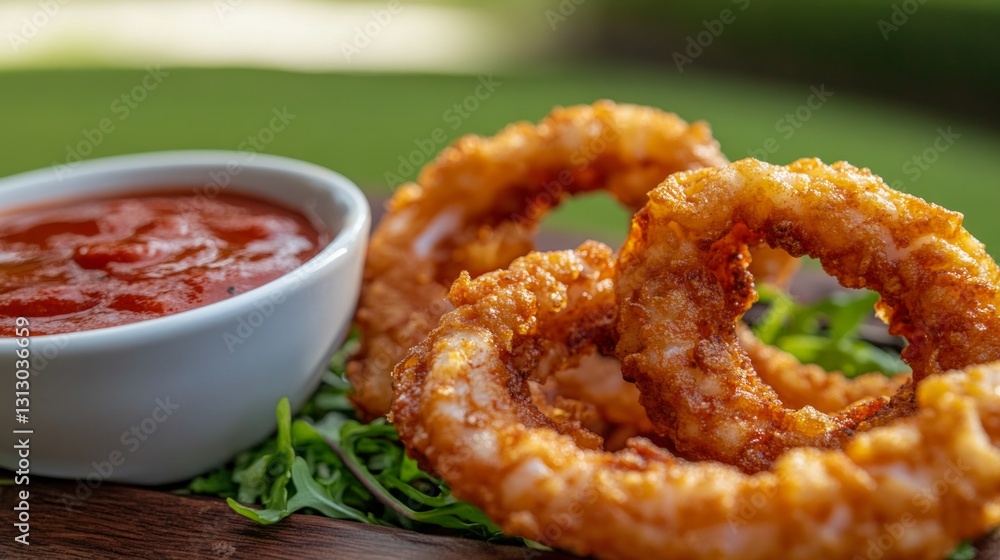 Crispy Fried Onion Rings with Tangy Dipping Sauce on Greenery Crispy Fried Onion Rings with Tangy Dipping Sauce on Greenery