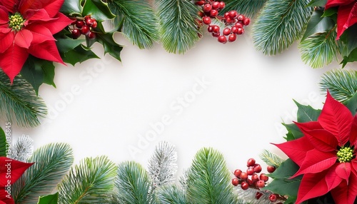 christmas background with border of holly firtree and poinsettia photo