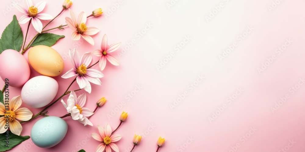 Celebrate Spring: Easter Eggs & Delicate Flowers on a Pastel Pink Background with Text Space Celebrate Spring: Easter Eggs & Delicate Flowers on a Pastel Pink Background with Text Space