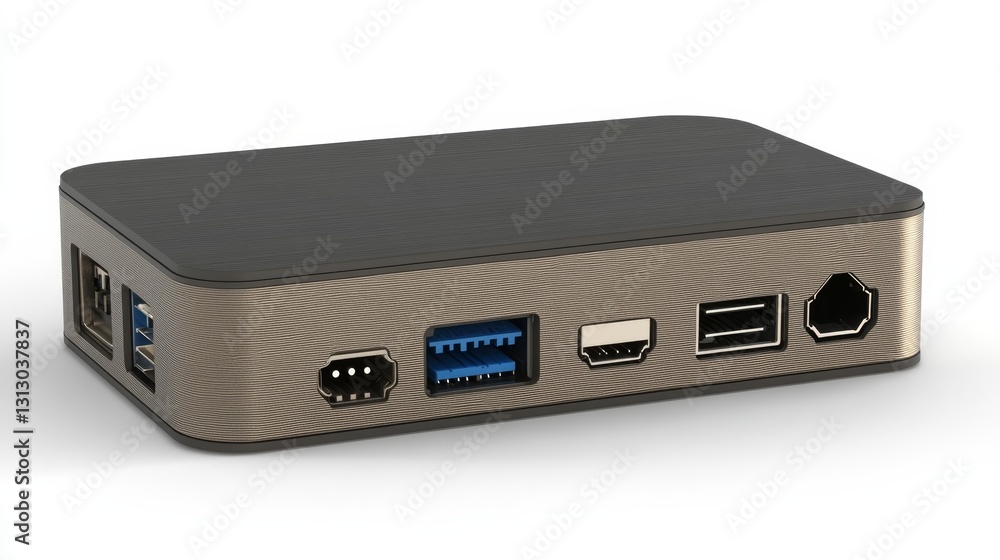 Small computer device showcasing various ports on a white surface Small computer device showcasing various ports on a white surface