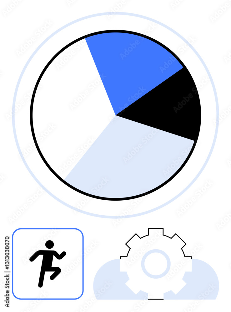 Pie chart with three segments, runner icon symbolizing activity, and gear indicating settings. Ideal for fitness trends, optimization, analysis, performance, behavior tracking, goals flat simple Pie chart with three segments, runner icon symbolizing activity, and gear indicating settings. Ideal for fitness trends, optimization, analysis, performance, behavior tracking, goals flat simple