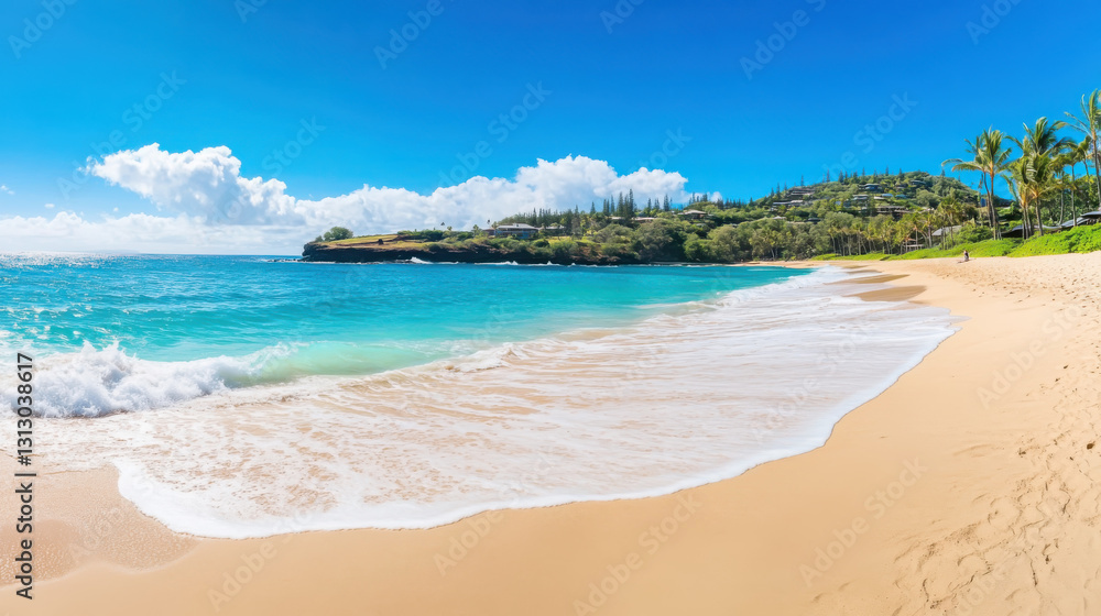 Tropical beach paradise with azure waters and pristine sandy shoreline under clear blue sky Tropical beach paradise with azure waters and pristine sandy shoreline under clear blue sky