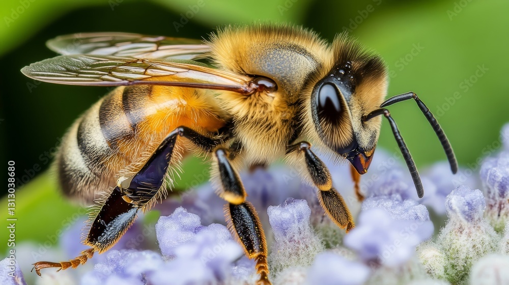 Close-up of a bee pollinating a purple flower with green background Close-up of a bee pollinating a purple flower with green background