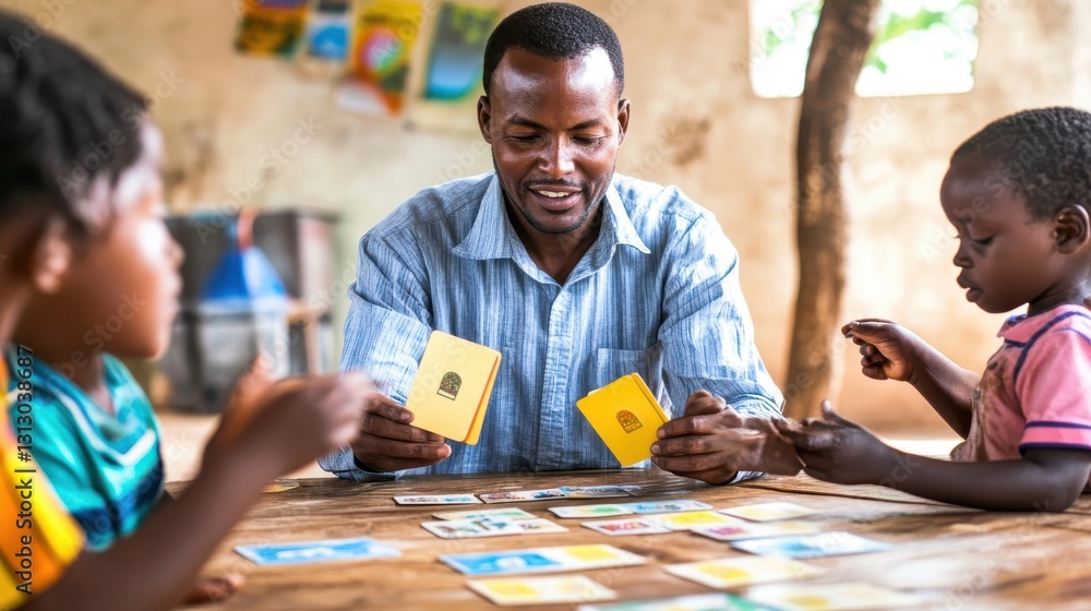 Fototapeta premium A teacher and two students play a card game together