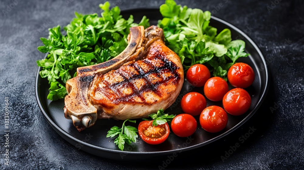 Grilled Pork Chop with Cherry Tomatoes and Salad Grilled Pork Chop with Cherry Tomatoes and Salad