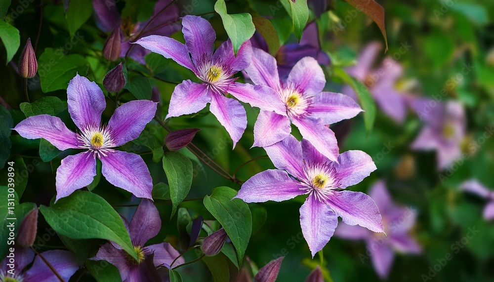 purple pink clematis flowers against green foliage purple pink clematis flowers against green foliage