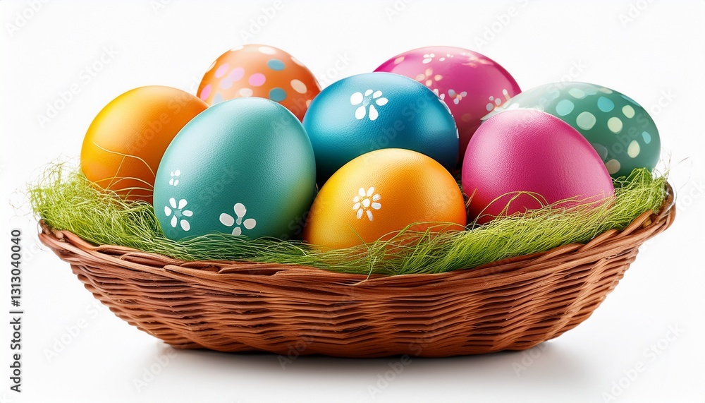 colorful easter eggs in basket isolated on white background colorful easter eggs in basket isolated on white background