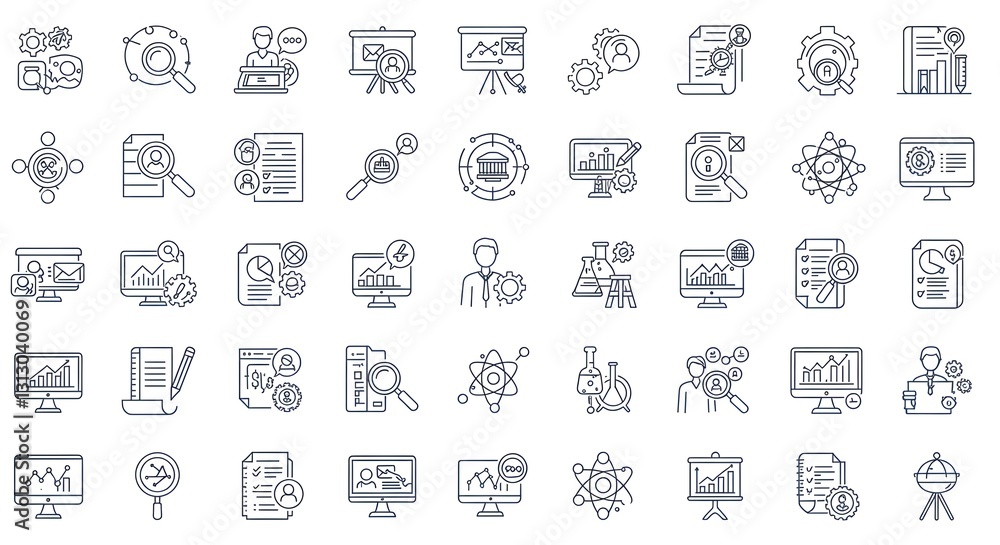 A comprehensive set of research-related line icons with an editable stroke, featuring analysis, search, science, graphs, and documents, ideal for business, education, and infographics. A comprehensive set of research-related line icons with an editable stroke, featuring analysis, search, science, graphs, and documents, ideal for business, education, and infographics.