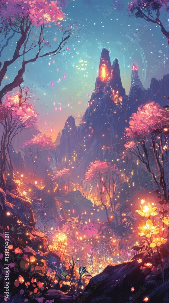 Fototapeta premium A vibrant fantasy landscape featuring mountains and blooming pink trees