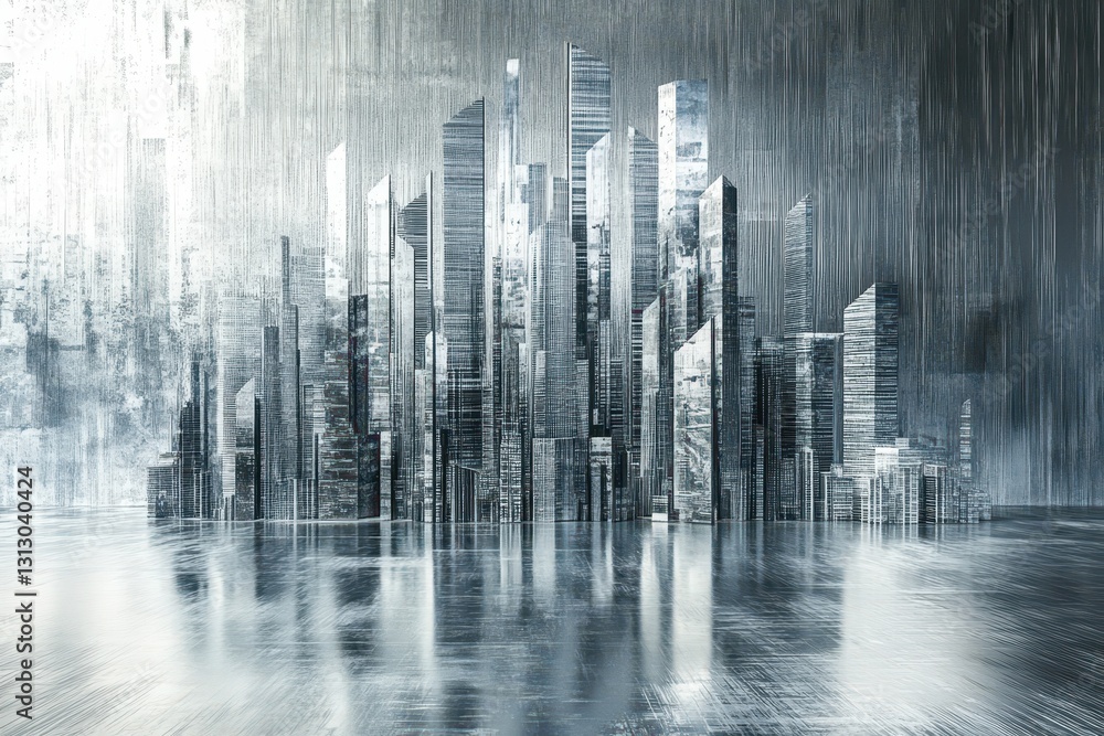 A futuristic cityscape of tall buildings reflecting below a gloomy sky A futuristic cityscape of tall buildings reflecting below a gloomy sky