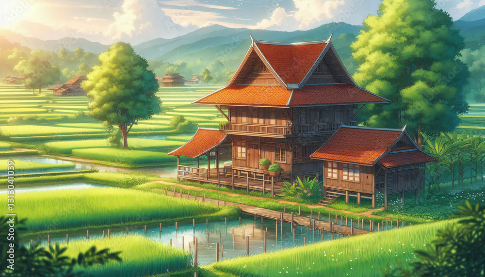 Obraz premium Traditional wooden Thai house in a classic countryside village - Anime aesthetic wallpaper