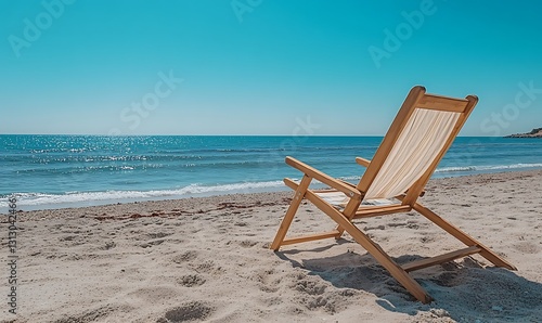 Wooden Beach Chair on Sandy Shore with Calm Ocean