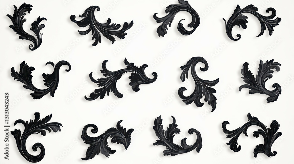 Elegant black decorative flourishes in various styles against a light background, showcasing intricate design and intricate artistry. Elegant black decorative flourishes in various styles against a light background, showcasing intricate design and intricate artistry.