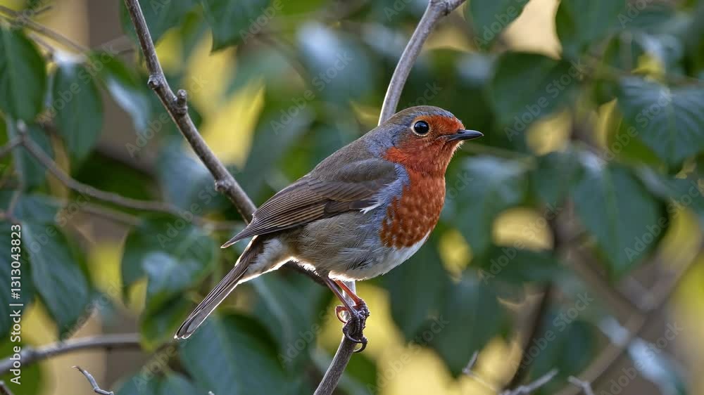 Close-up video of a robin perched on a branch, showcasing its vibrant red breast. Shot from a side angle with a blurred leafy background. Close-up video of a robin perched on a branch, showcasing its vibrant red breast. Shot from a side angle with a blurred leafy background.
