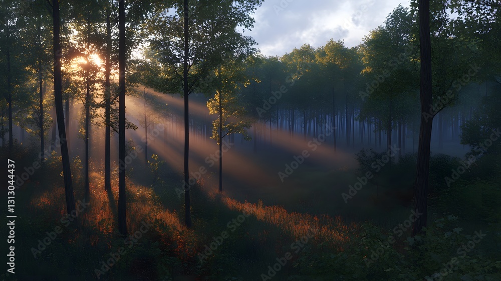 Fototapeta premium Magical Sunrise in Misty Forest Sunlight Beams Through Trees