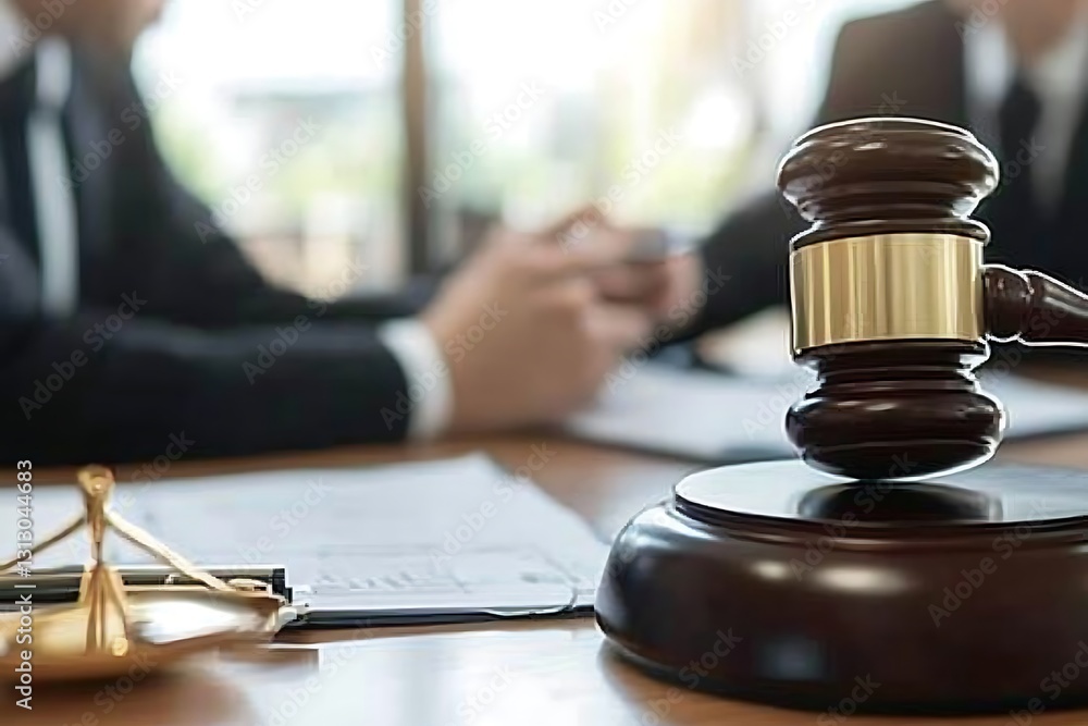 Wooden Gavel and Scales of Justice on a Table During a Legal Meeting Wooden Gavel and Scales of Justice on a Table During a Legal Meeting