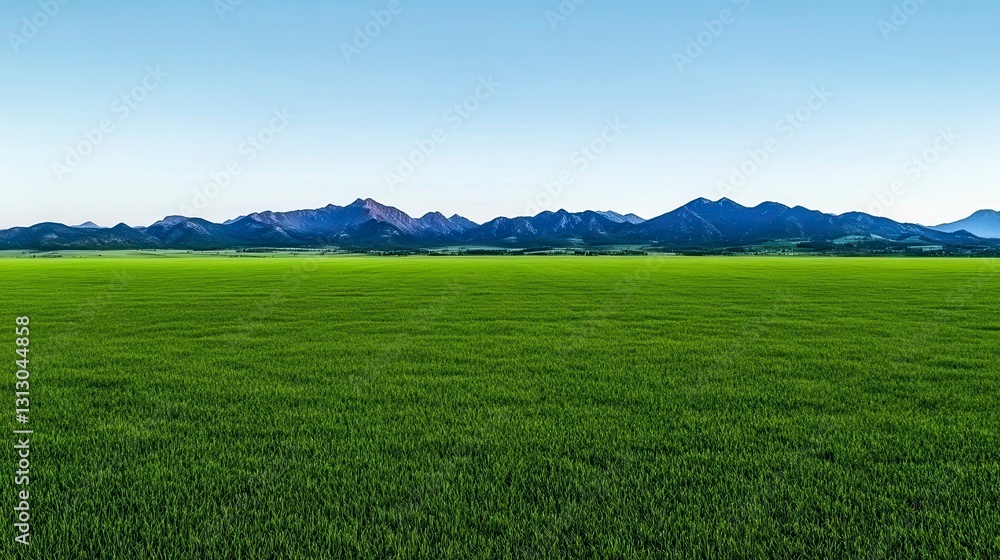 Fototapeta premium Expansive green fields under a clear blue sky with majestic mountains in the background, showcasing nature's beauty and serenity.