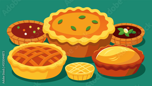 Rich and savory pies and quiches with perfectly browned crusts begging to be sliced into.. Vector illustration