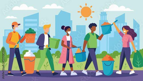 Members of the Gen X generation take to the streets organizing a citywide cleanup day to rid the area of litter and promote sustainable waste management practices.. Vector illustration