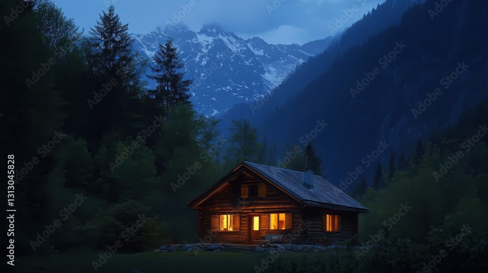 A Rustic Wooden Cabin Nestled in the Mountainous Forest Landscape A Rustic Wooden Cabin Nestled in the Mountainous Forest Landscape