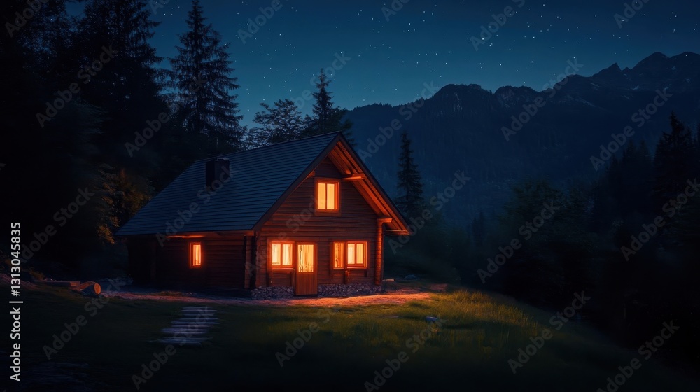A warm inviting cabin nestled amongst trees at night A warm inviting cabin nestled amongst trees at night
