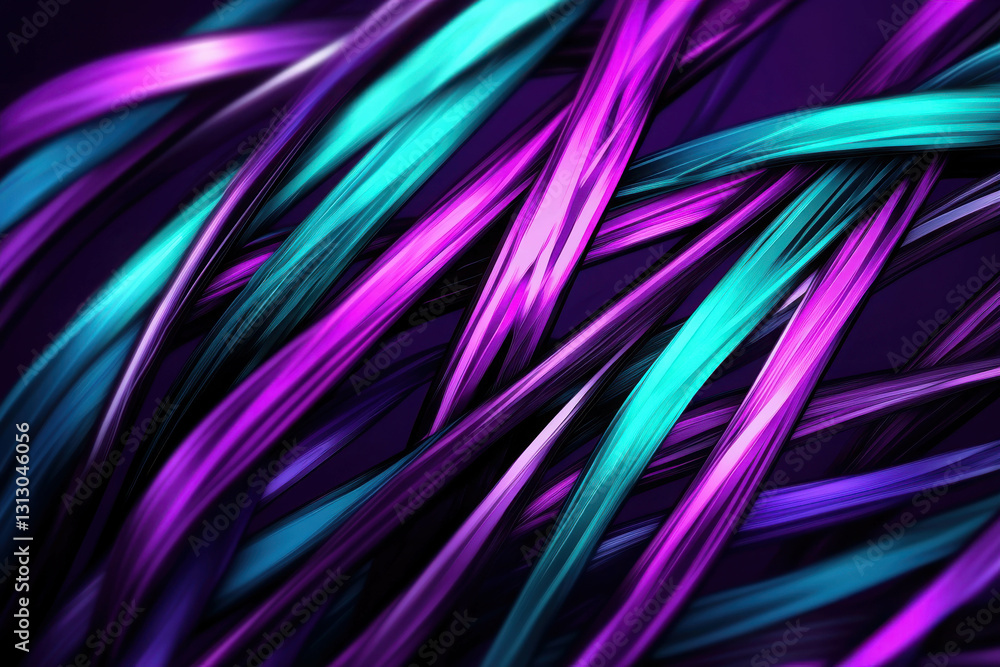 Φωτογραφία Colorful Wavy Strands of Light in Vibrant Purple and Teal on a Dark Background