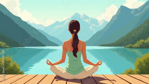A serene woman meditating by a peaceful lake surrounded by mountains, perfect for promoting wellness and relaxation.