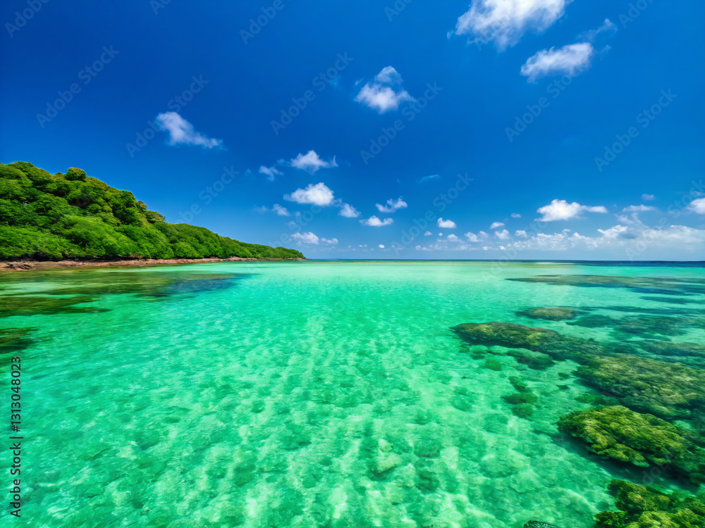 Fototapeta premium island, sea, beach, water, ocean, tropical, sky, sand, paradise, nature, travel, coast, landscape, summer, vacation, lagoon, palm, holiday, clouds, caribbean, maldives, turquoise, blue, clear, tree