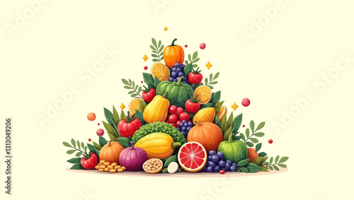 A colorful pile of fruits and vegetables including pumpkins, grapes, and oranges. A healthy food concept for a nutritious diet.