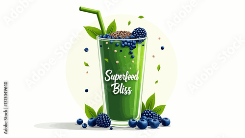 A delicious and healthy green smoothie made with fresh blueberries, chia seeds, and superfoods, offering a nutrient-packed boost for your body.