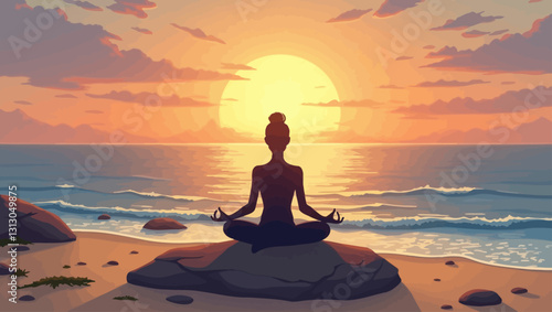A woman meditating on a rock at sunset on the beach. A peaceful yoga practice for well-being and mental clarity by the ocean.