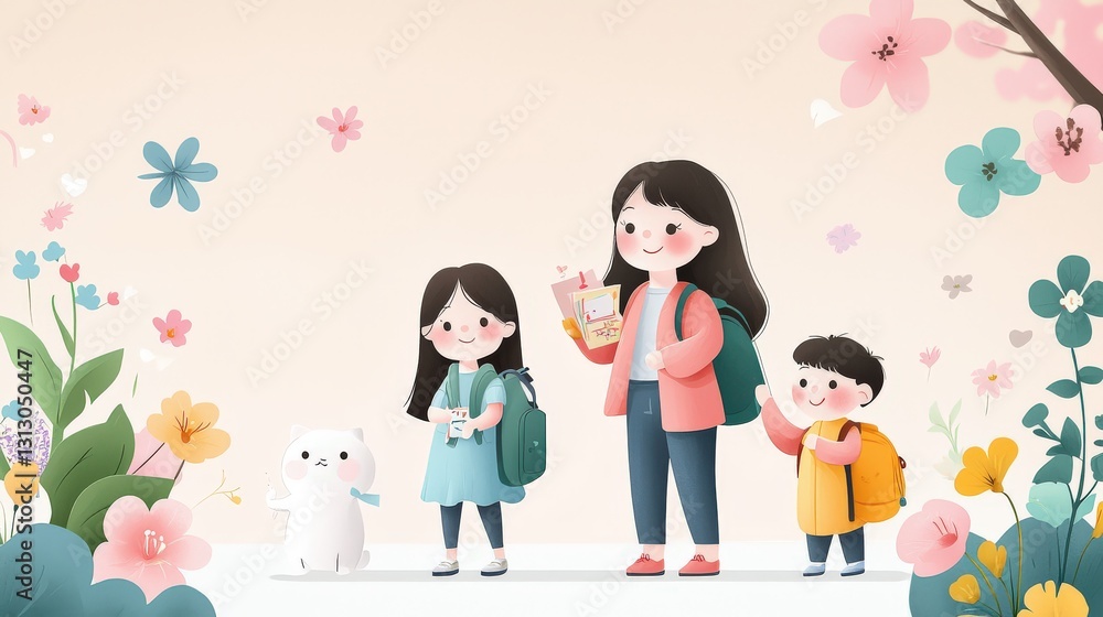 A heartwarming illustration of an Asian family visiting a school event together, combining cute designs and textured backgrounds, reflecting community, support A heartwarming illustration of an Asian family visiting a school event together, combining cute designs and textured backgrounds, reflecting community, support