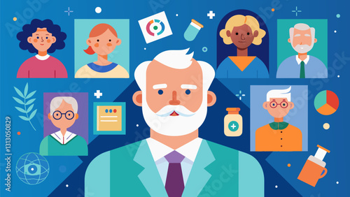 Surrounded by photos and memorabilia from their illustrious careers the retired scientists share their experiments and discoveries with pride.. Vector illustration