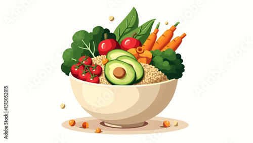 Quinoa Bowl with Fresh Vegetables: A vibrant bowl of quinoa is topped with colorful fresh vegetables, including avocado, broccoli, tomatoes, and carrots, creating a delicious and healthy meal.