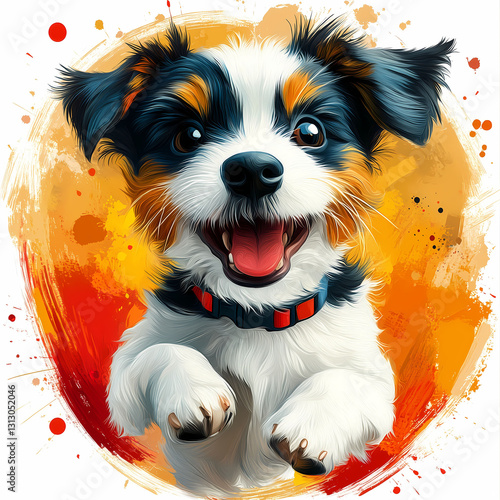 A joyful dog jumping with excitement, captured in a colorful and artistic pet portrait, showcasing its playful personality and vibrant energy. photo