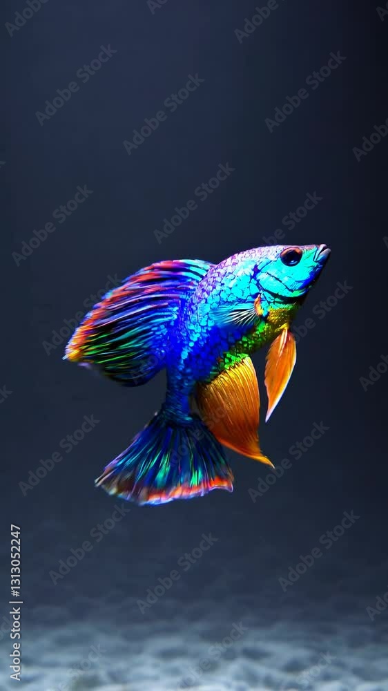 Vibrant betta fish swimming gracefully, captured in a close-up video with a side angle, highlighting its colorful fins against a dark background. Live mobile wallpaper. Vibrant betta fish swimming gracefully, captured in a close-up video with a side angle, highlighting its colorful fins against a dark background. Live mobile wallpaper.